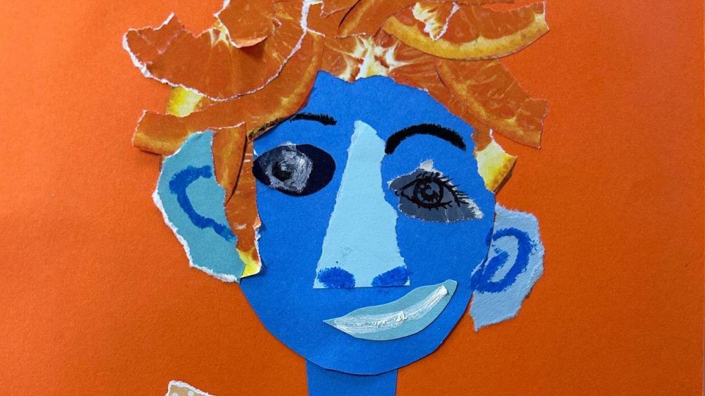 A colorful collage portrait features a blue face