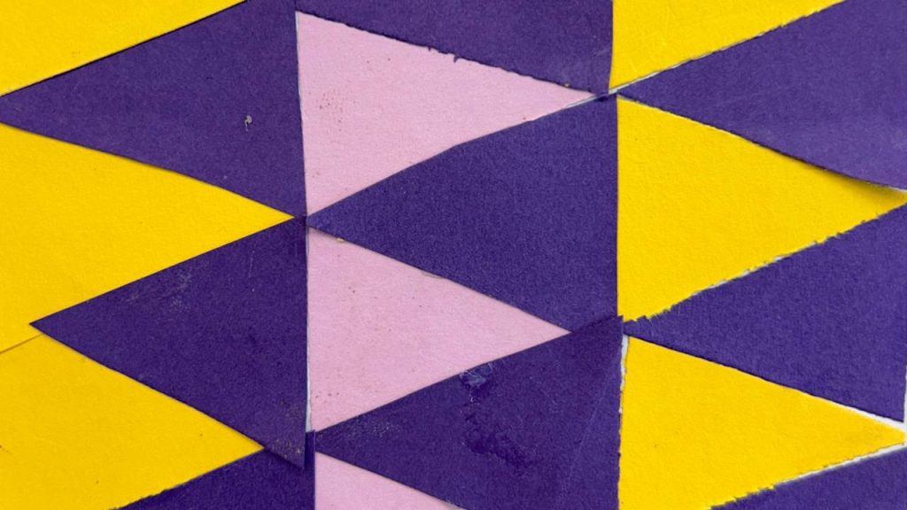 A geometric collage features a repeating pattern of purple triangles