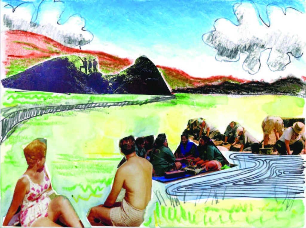 A mixed-media landscape shows people picnicking and working in a field