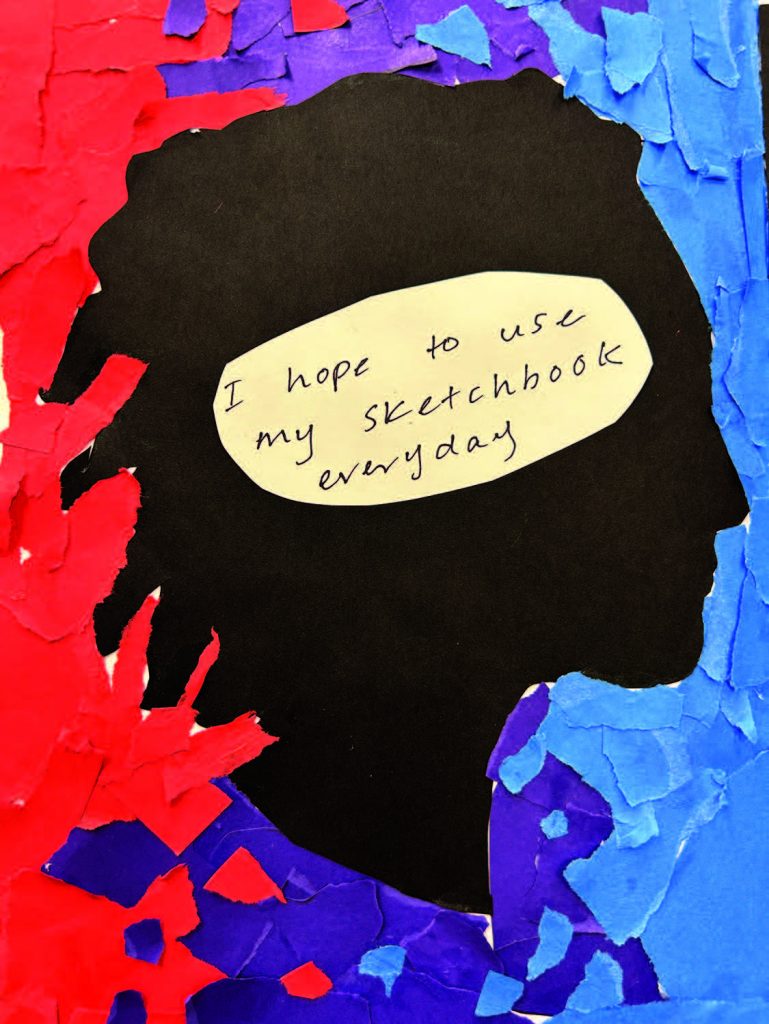 A silhouette collage of a head with red and blue torn paper background