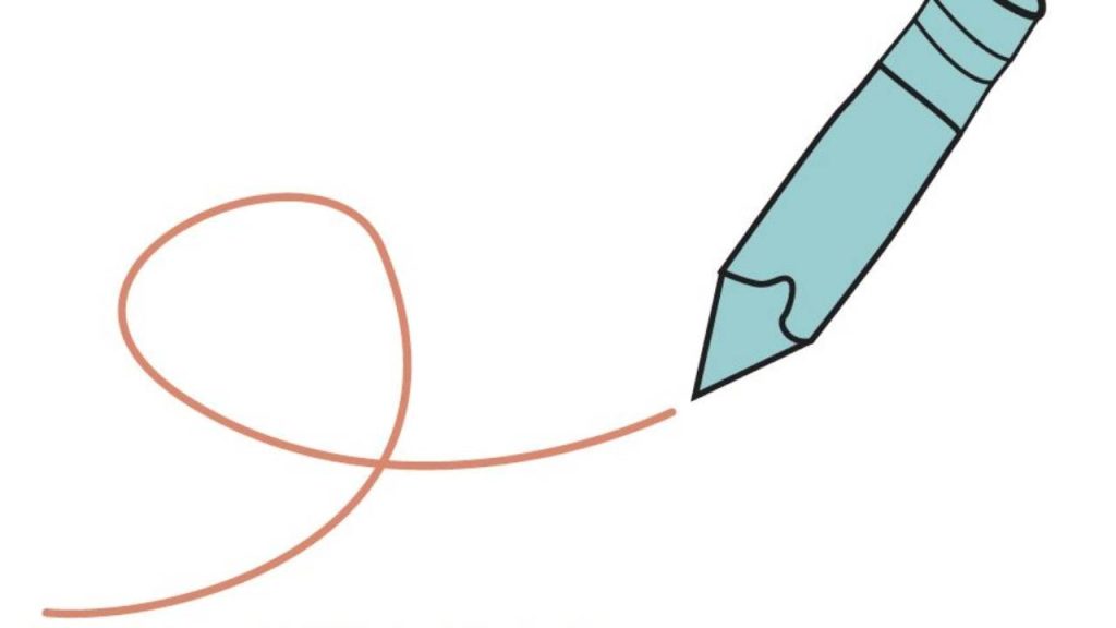 A simple illustration of a teal crayon drawing a looping orange line
