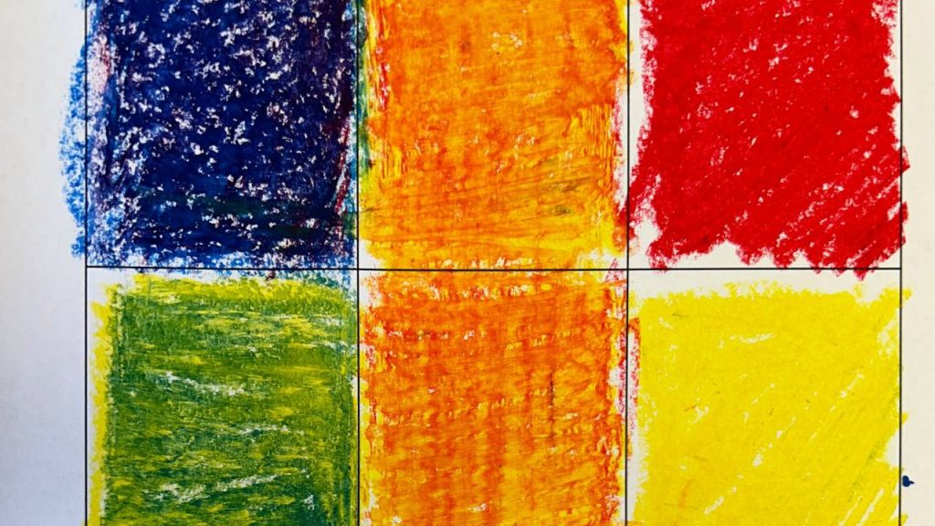 A six-square color grid shows crayon-filled boxes.