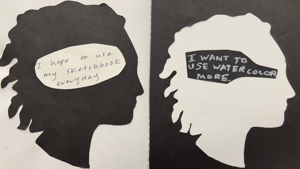 Two silhouette profiles face each other, one black with a white thought bubble reading “I hope to use my sketchbook everyday,” and the other white with a black thought bubble reading “I want to use watercolor more.”