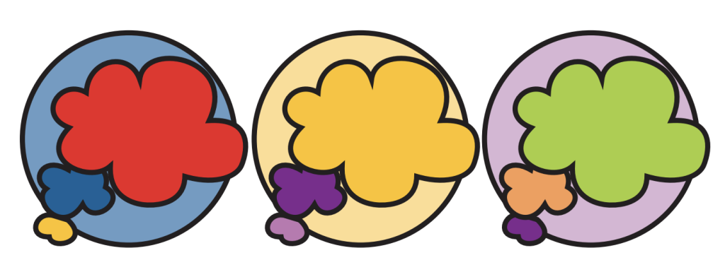 Three side-by-side circular designs in blue, peach, and lavender, each containing a large central cloud-like shape and two smaller overlapping cloud shapes in contrasting colors, representing a playful, abstract illustration used for a classroom museum or celebration theme.
