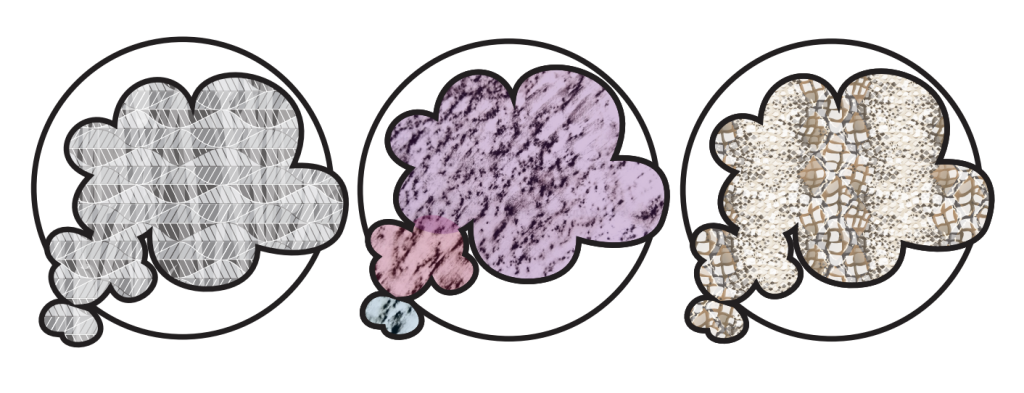 Three thought-bubble-shaped forms inside black circles, each filled with a different textured pattern: the first is gray with a geometric leaf design, the second is purple and pink with a rough, marbled texture, and the third is tan with a woven plaid-like texture.