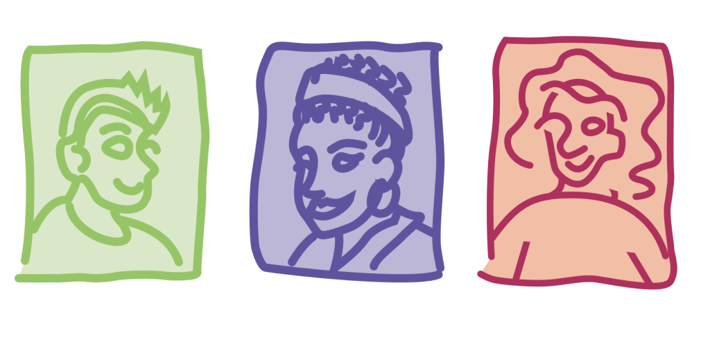 Three colorful, stylized portraits—green, purple, and red—each outlined with expressive linework inside soft rectangular backgrounds.