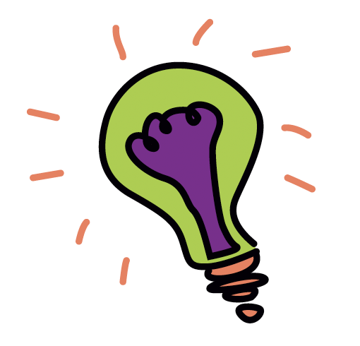 A stylized green lightbulb with a purple raised fist inside, surrounded by short orange rays.