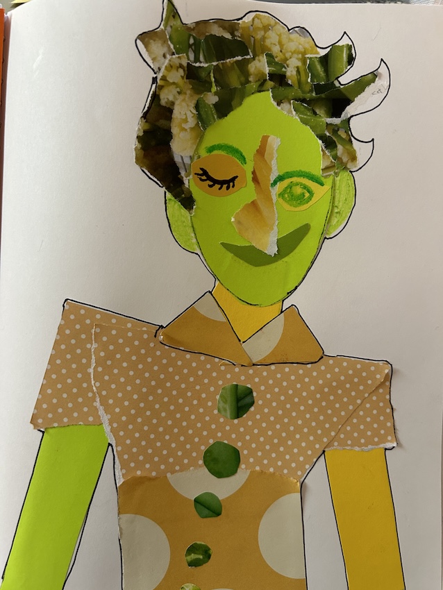 A colorful collage-style portrait of a person drawn in bright green and yellow tones, with a playful asymmetrical face. The hair is made of torn green vegetable images, the shirt is crafted from tan polka-dotted paper with a retro collar, and the dress features oversized cream-colored circles.