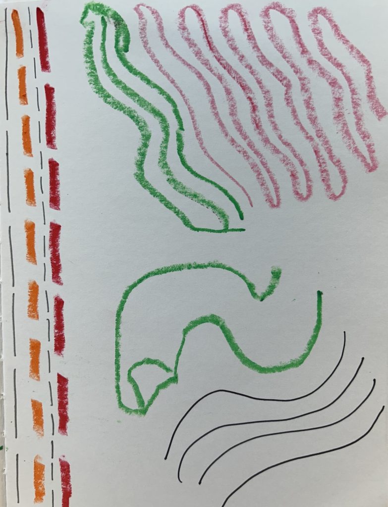 A student artwork showing various lines and textures in crayon and pen, including dashed vertical lines in red and orange, wavy green and pink lines, and smooth black curves, likely part of an exercise exploring line variety and movement.