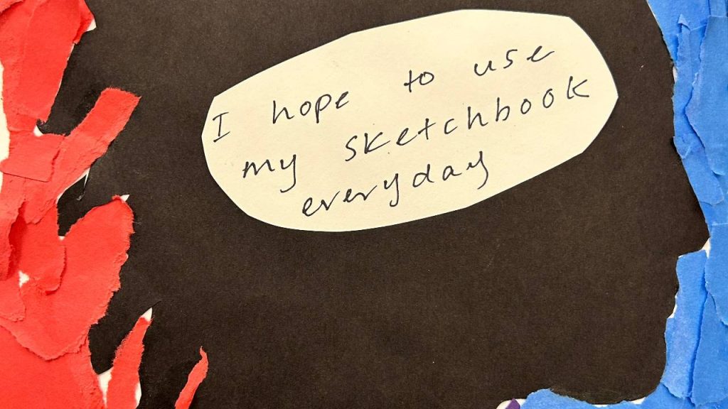 A torn paper collage features a black silhouette head with red and blue edges and a handwritten note inside that reads, “I hope to use my sketchbook everyday.”