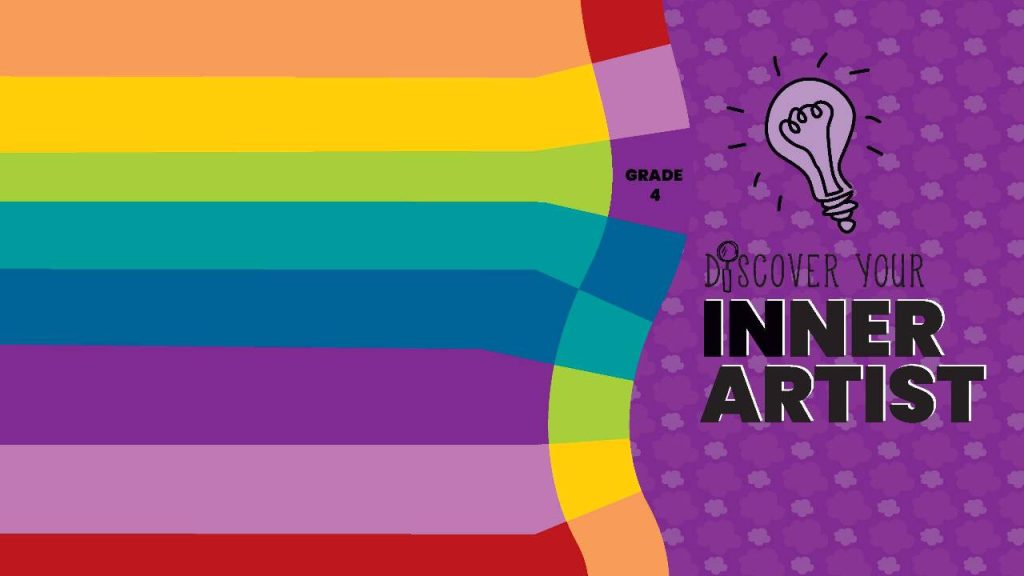 A colorful, wavy rainbow graphic flows into a purple background with the text “Discover Your Inner Artist” and a lightbulb icon above the words “Grade 4.”