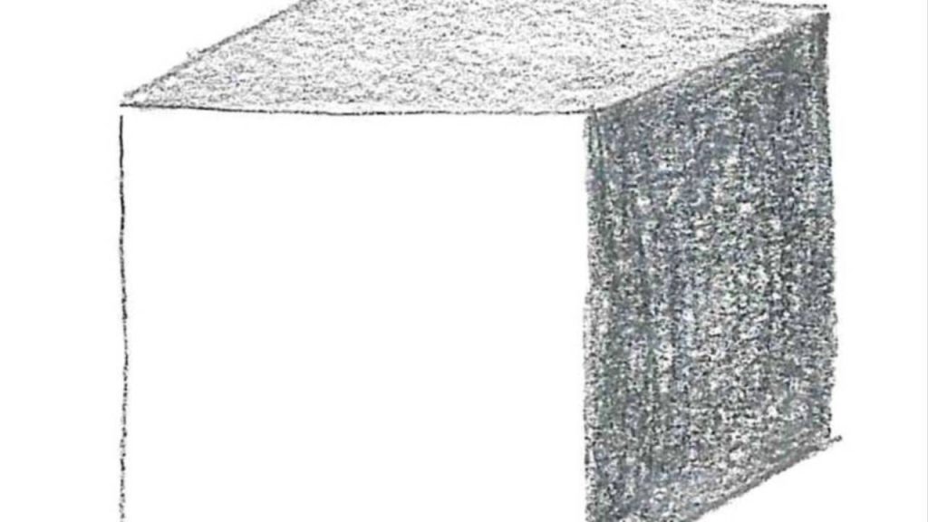 A hand-drawn cube shaded with gradient pencil shading on the top and right sides to show light and shadow.