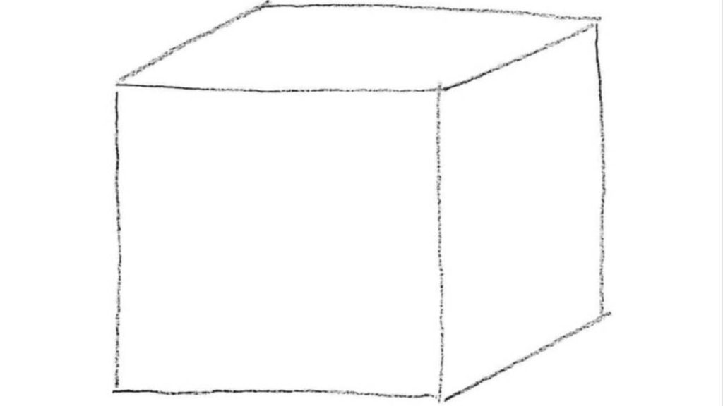 A simple pencil drawing of a cube with three visible faces outlined using straight lines.