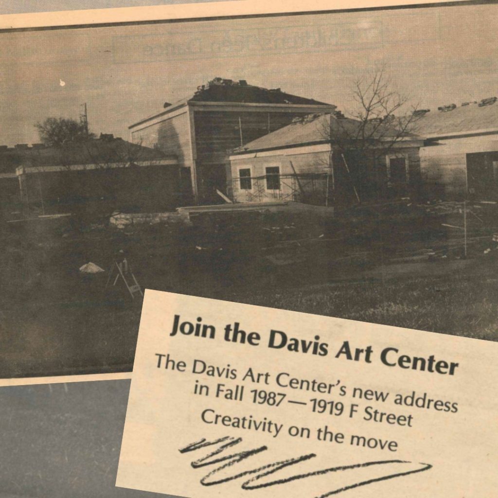 A vintage newspaper photo showing the Davis Art Center under construction in 1987, with a caption announcing the new location at 1919 F Street and the slogan “Creativity on the move.”