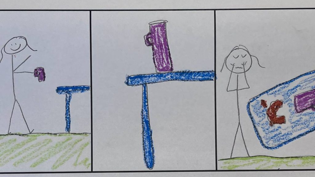 A three-panel student comic showing a stick figure placing a purple mug on a table, which later tips over and spills, ending with the character looking sad beside the mess.