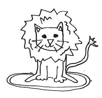 A whimsical black-and-white student drawing featuring a lion with a cat’s face.