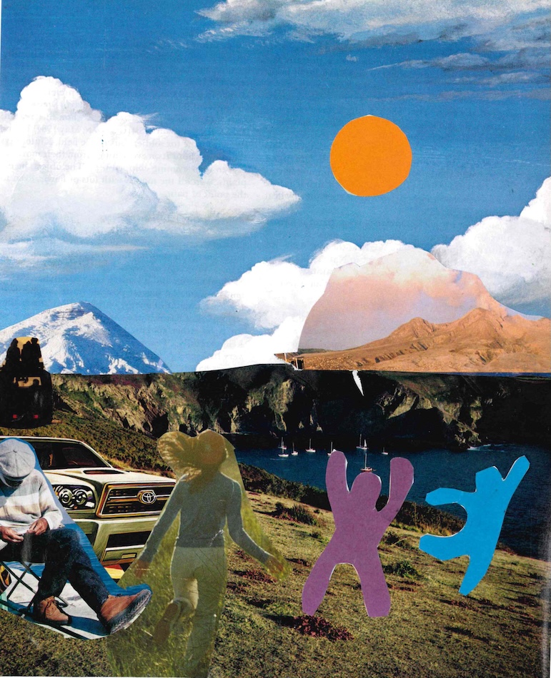 Collage artwork showing a vivid landscape with a blue sky, white clouds, an orange sun, and mountains above a horizon line; the foreground includes cutouts of people, abstract dancing shapes, a Toyota vehicle, and sailboats on a lake.