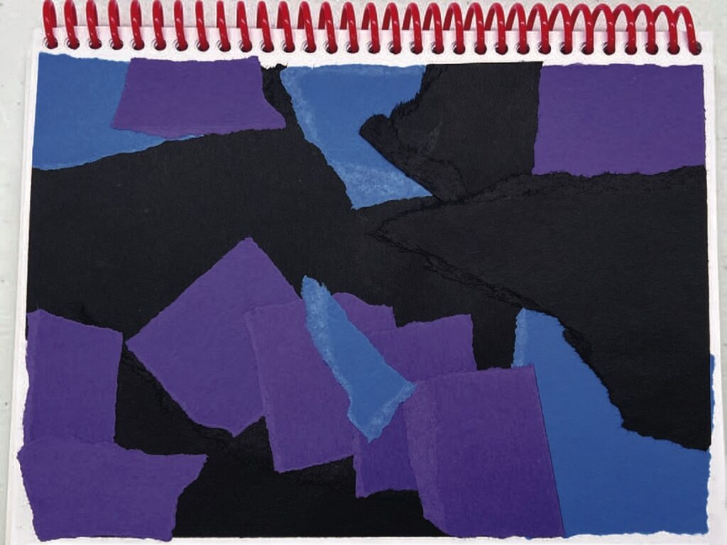 A collage composed of torn pieces of blue, purple, and black paper layered over one another, creating an abstract landscape with jagged edges and textured contrast